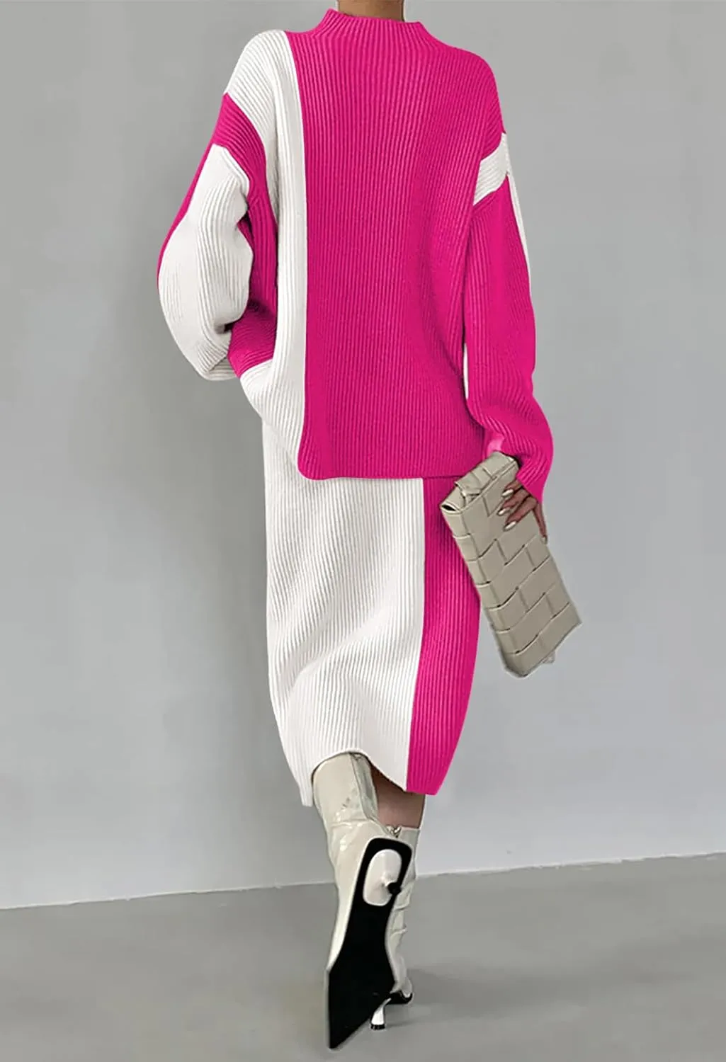 Pink Queen Women's 2 Piece Outfits 2024 Fall Winter Sweater Skirt Set Long Sleeve Oversized Top High Waist Color Block Dress