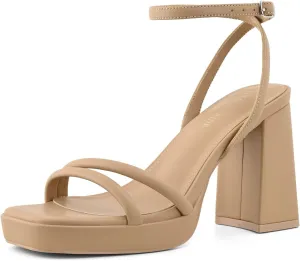 Platform Heels for Women Block Chunky Strappy Heels Square Toe Ankle Buckle Sandals