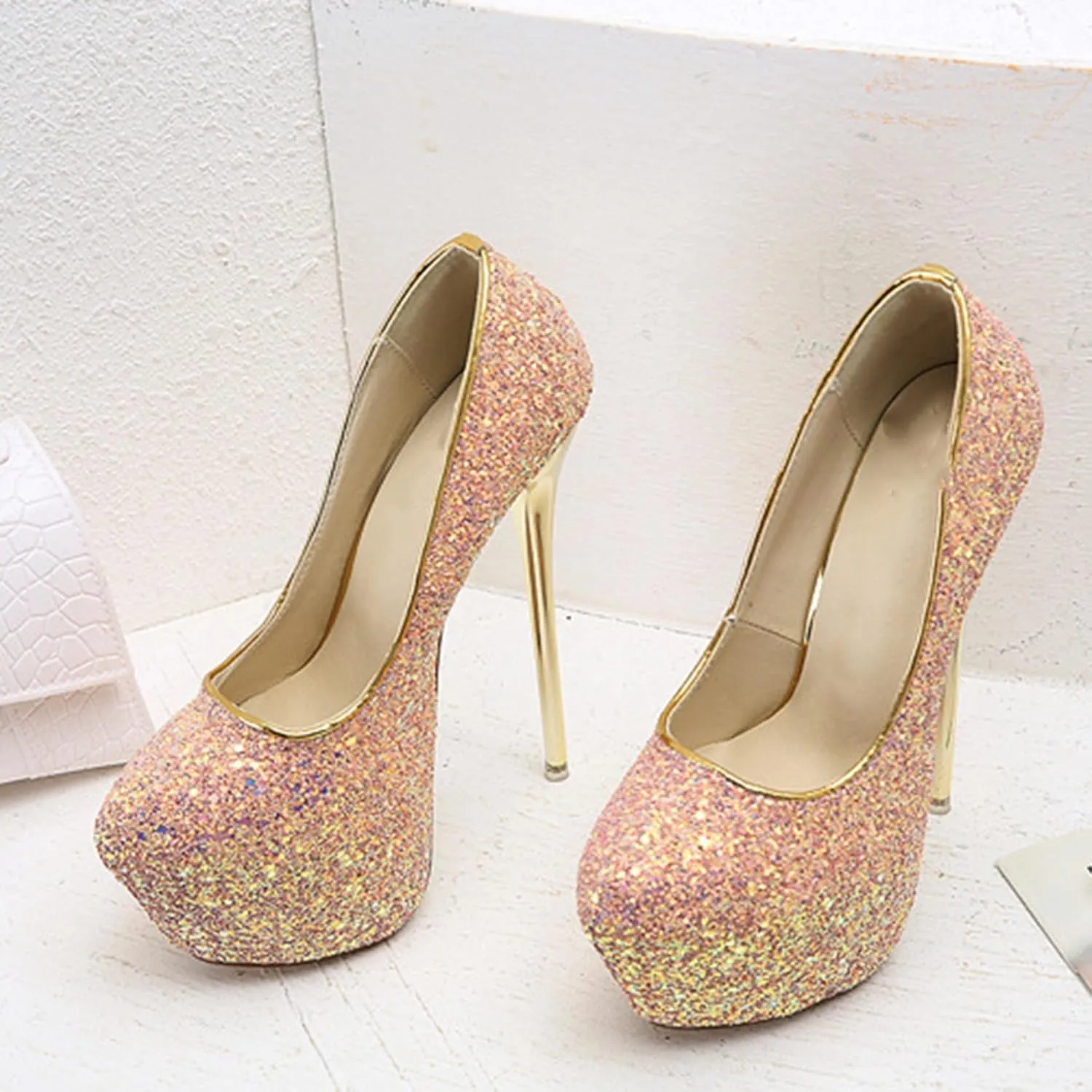 POOSR 16CM Sexy Nightclub High Heels, Colorful Color Changing Sequins Women's Shoes, Party Strippers Dress Shoes