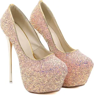 POOSR 16CM Sexy Nightclub High Heels, Colorful Color Changing Sequins Women's Shoes, Party Strippers Dress Shoes