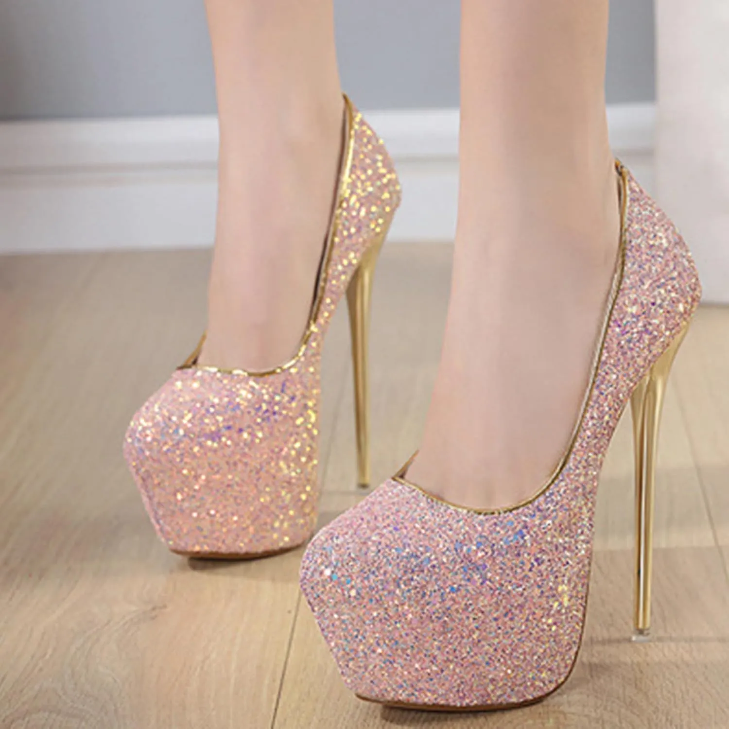 POOSR 16CM Sexy Nightclub High Heels, Colorful Color Changing Sequins Women's Shoes, Party Strippers Dress Shoes