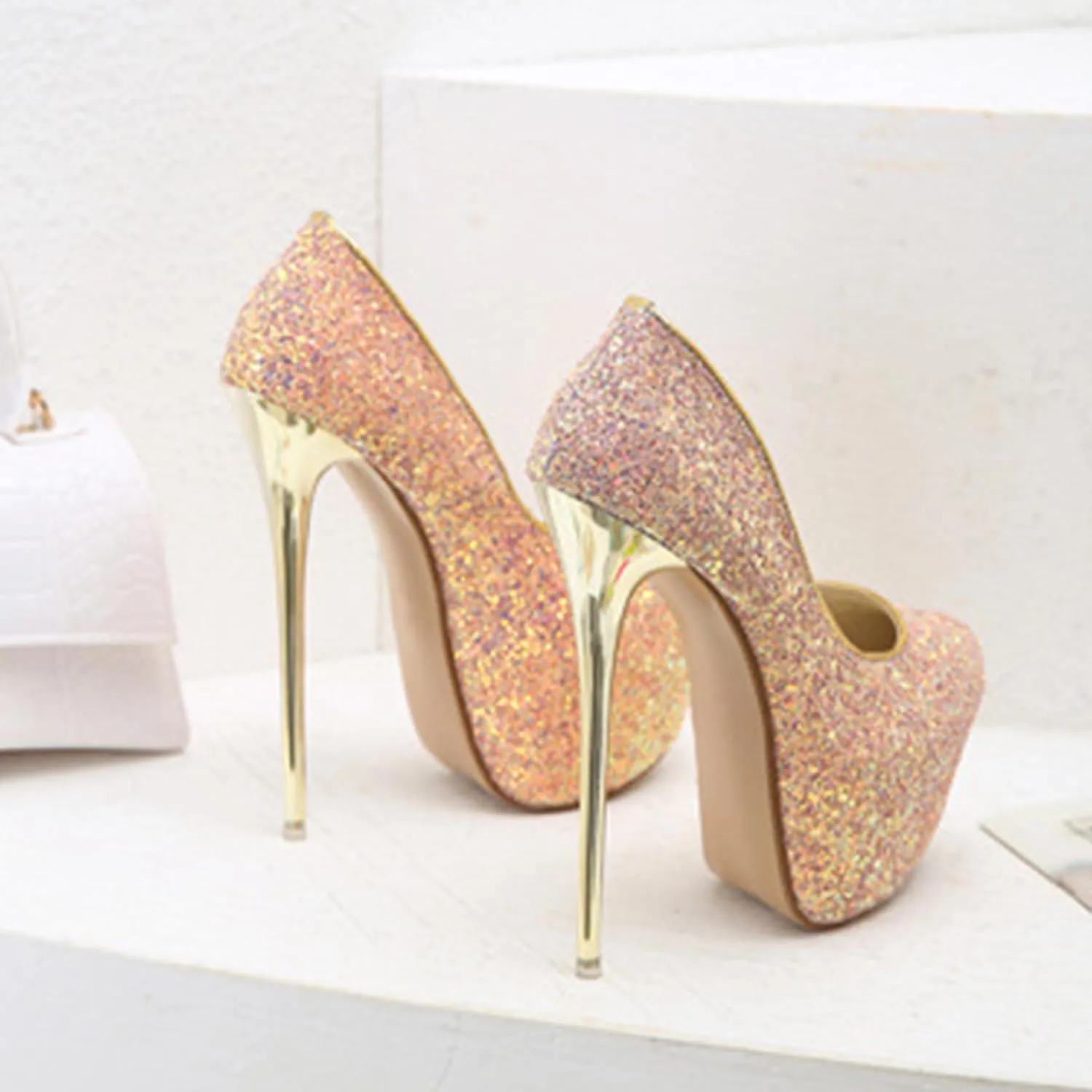 POOSR 16CM Sexy Nightclub High Heels, Colorful Color Changing Sequins Women's Shoes, Party Strippers Dress Shoes