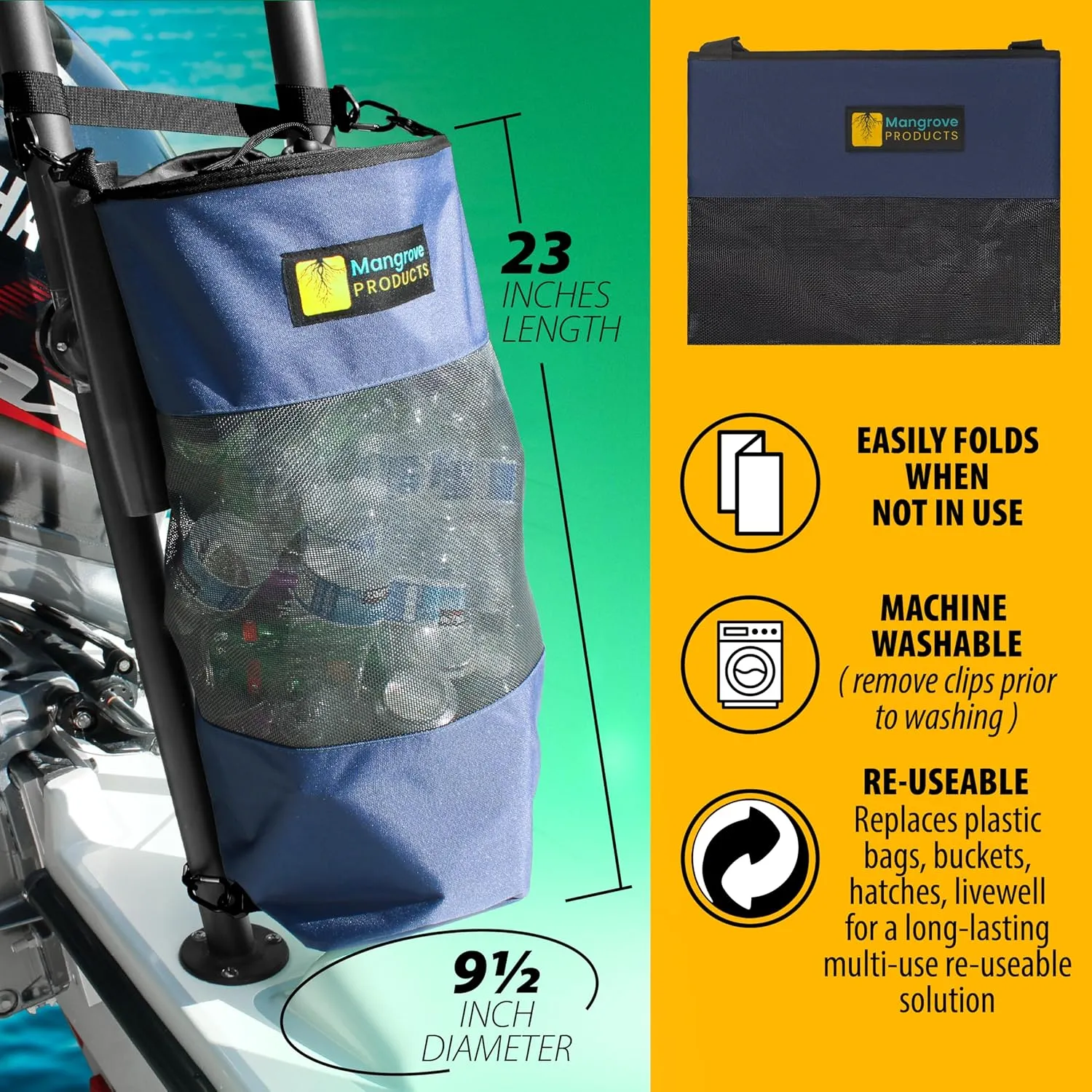 Portable Boat Trash Can, Reusable Trash Bag, Boating Equipment, Boat Storage, Boat Accessories Marine, Pontoon Boat Accessories, Fishing, Sandbar, RV, or Camping