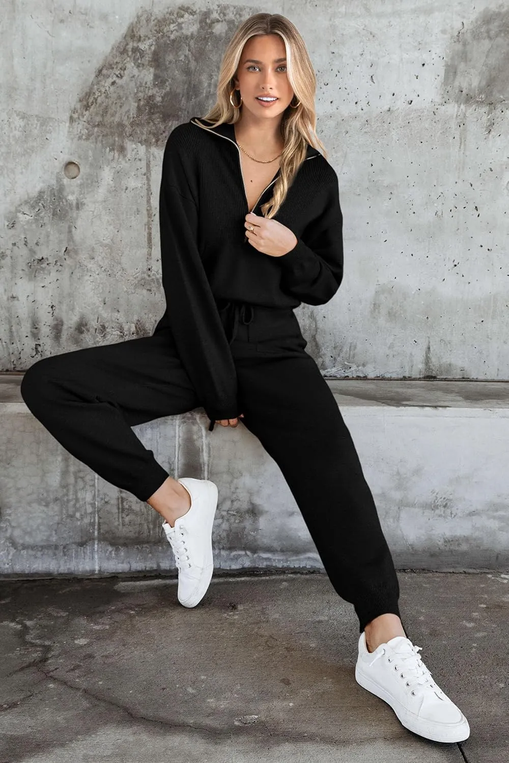 PRETTYGARDEN Women's 2 Piece Sweater Set Pullover Zip Up Sweatshirt Jogger Sweatpants Tracksuit Casual Outfit
