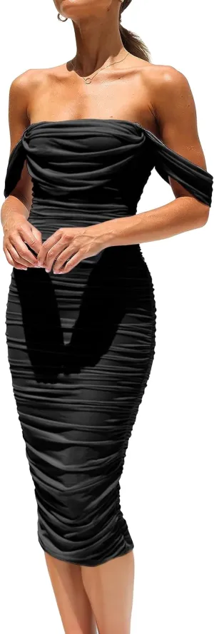 PRETTYGARDEN Women's Summer Off The Shoulder Dresses Sleeveless Ruched Fitted Cocktail Party Club Midi Bodycon Dress