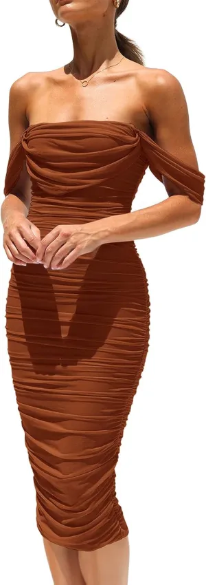 PRETTYGARDEN Women's Summer Off The Shoulder Dresses Sleeveless Ruched Fitted Cocktail Party Club Midi Bodycon Dress