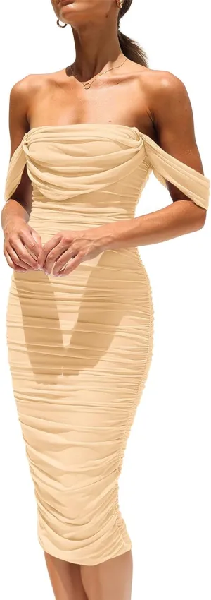 PRETTYGARDEN Women's Summer Off The Shoulder Dresses Sleeveless Ruched Fitted Cocktail Party Club Midi Bodycon Dress