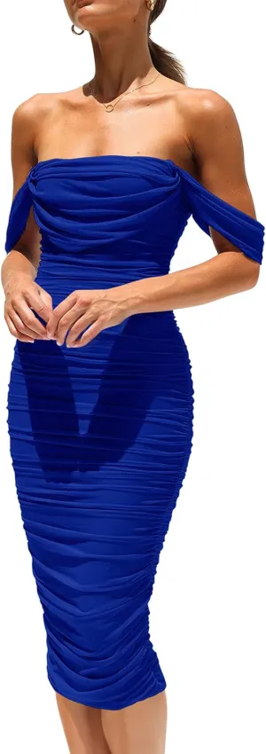 PRETTYGARDEN Women's Summer Off The Shoulder Dresses Sleeveless Ruched Fitted Cocktail Party Club Midi Bodycon Dress
