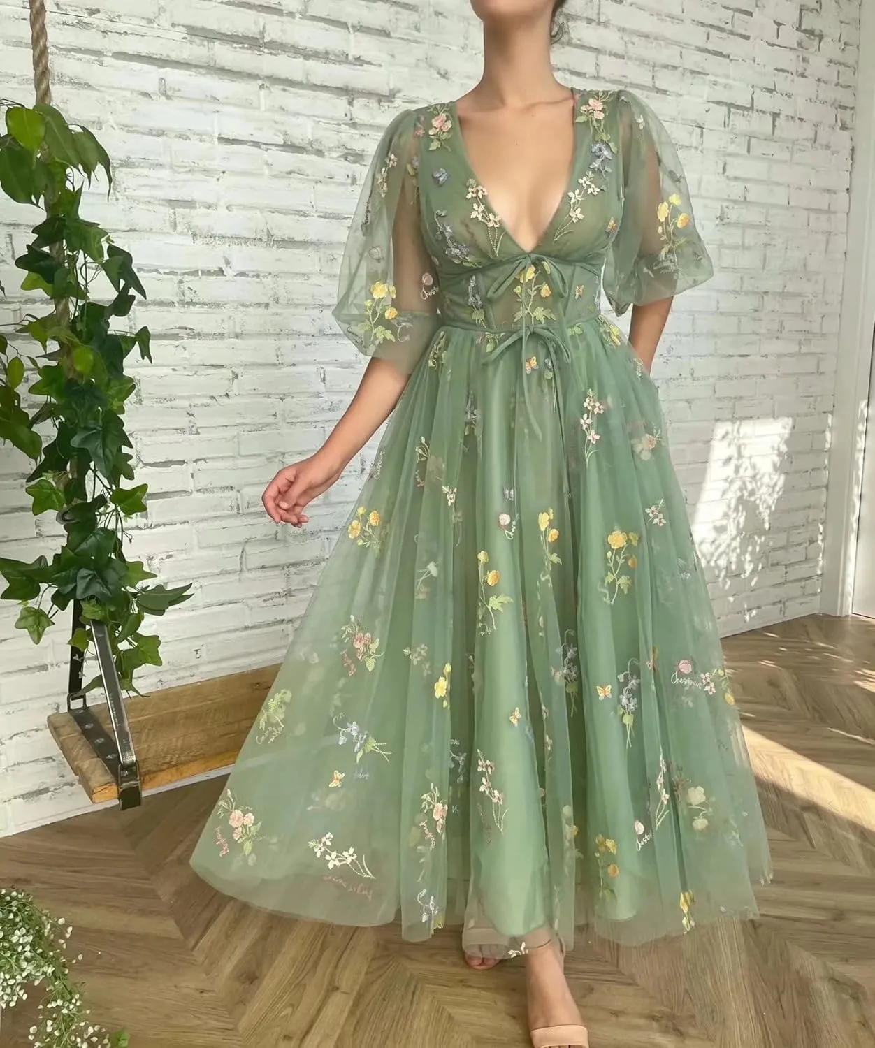 Puffy Sleeve Prom Dresses Flower Embroidery Tulle Backless A-line Lace Formal Evening Party Gown for Women