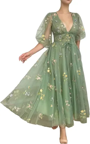 Puffy Sleeve Prom Dresses Flower Embroidery Tulle Backless A-line Lace Formal Evening Party Gown for Women