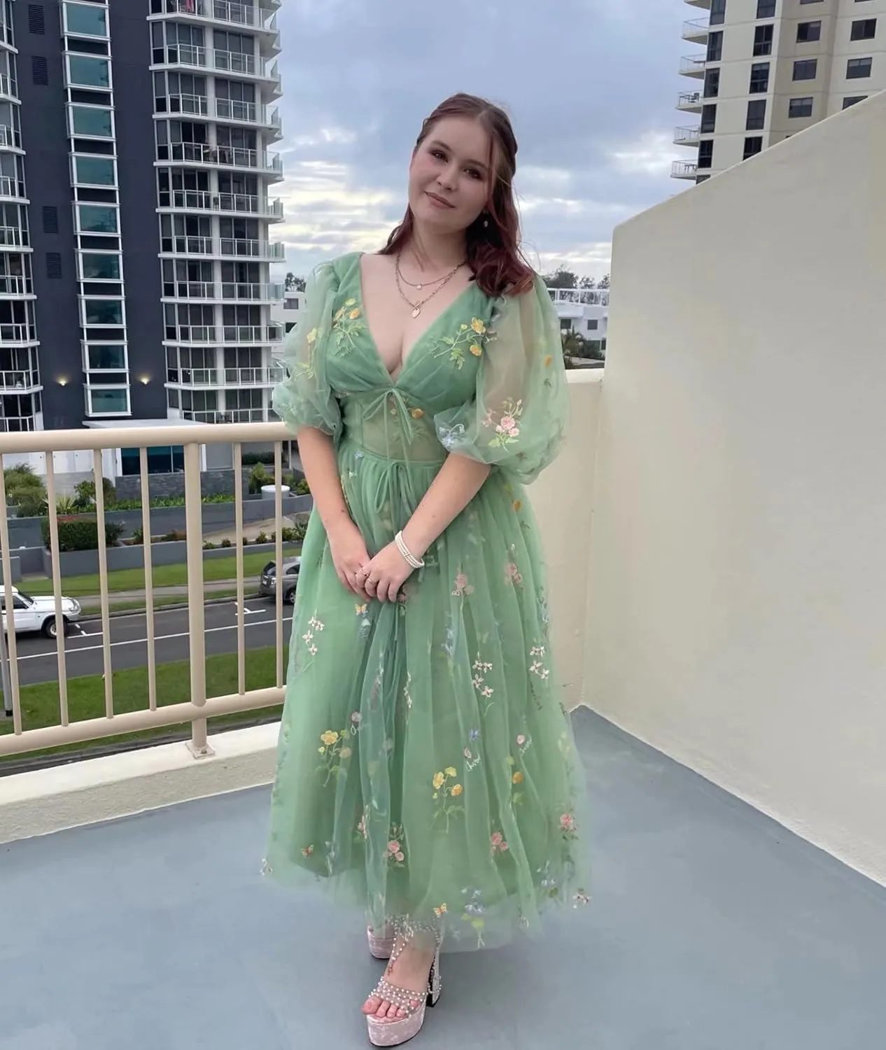 Puffy Sleeve Prom Dresses Flower Embroidery Tulle Backless A-line Lace Formal Evening Party Gown for Women