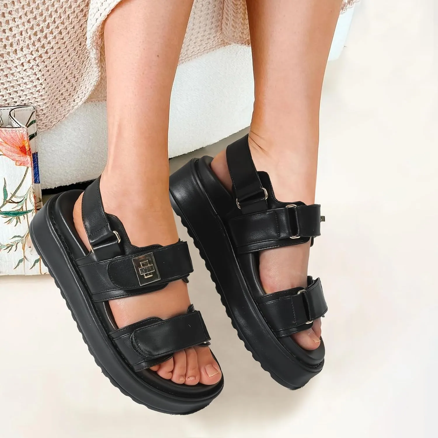Raffia Platform Sandals Women, Summer Beach Walking Comfortable Cute Vacation Chunky Womens Sandals Slingback Adjustable Strap Buckle Sandals