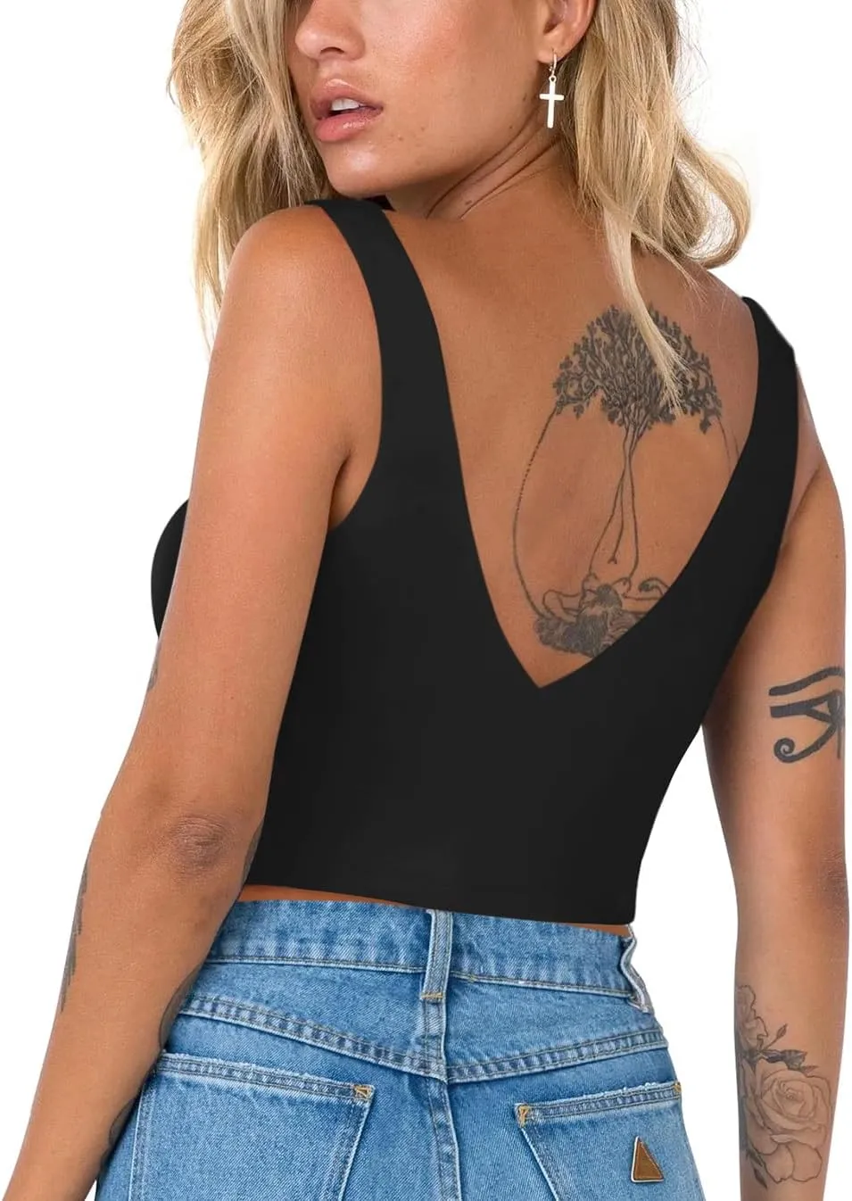 REORIA Butsmooth® Women’s Trendy Sexy Plunge Deep V Neck Sleeveless V Backless Slim Fit Going Out Crop Tank Tops