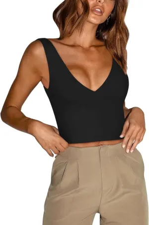 REORIA Butsmooth® Women’s Trendy Sexy Plunge Deep V Neck Sleeveless V Backless Slim Fit Going Out Crop Tank Tops