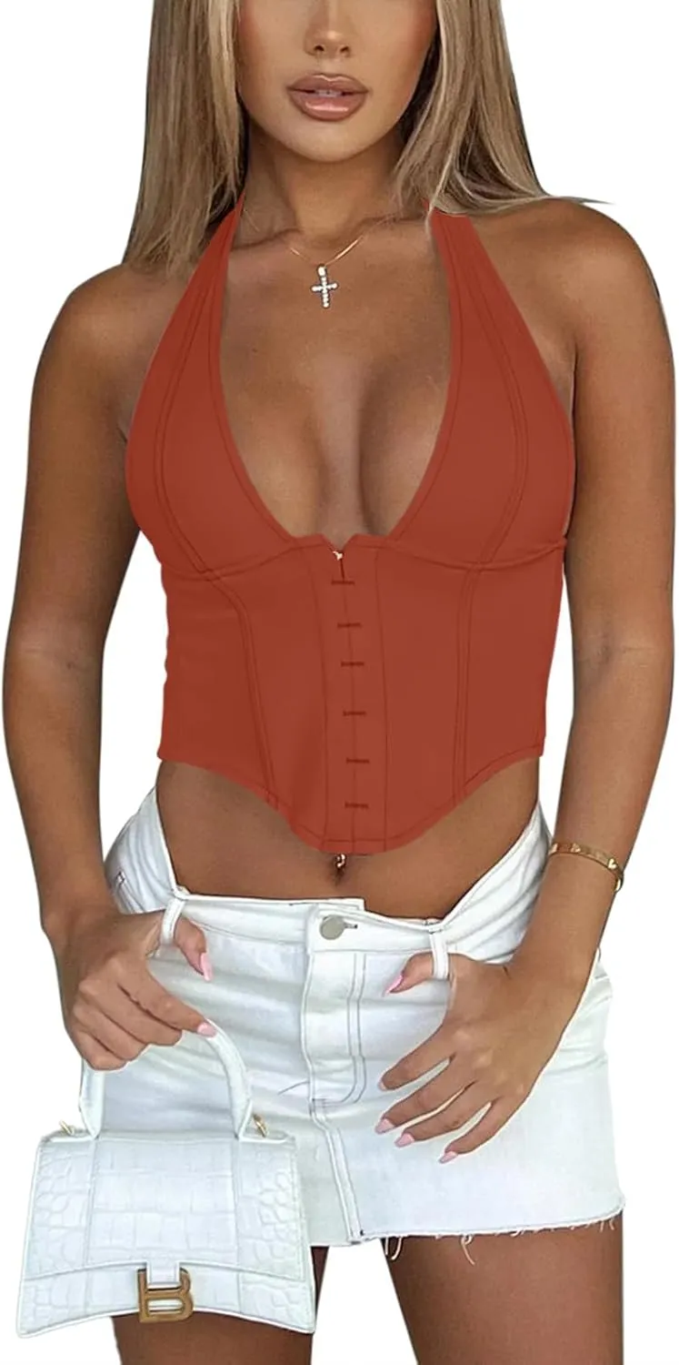 REORIA Women's Summer Sexy Halter V Neck Sleeveless Backless Trendy Y2k Going Out Corset Tank Crop Tops
