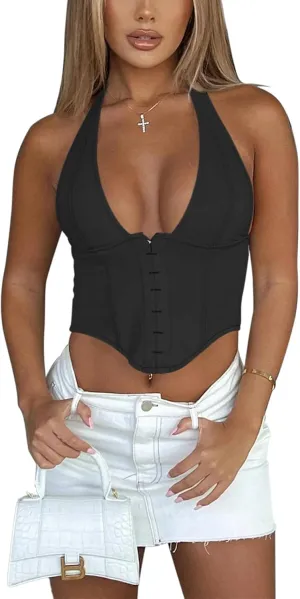 REORIA Women's Summer Sexy Halter V Neck Sleeveless Backless Trendy Y2k Going Out Corset Tank Crop Tops