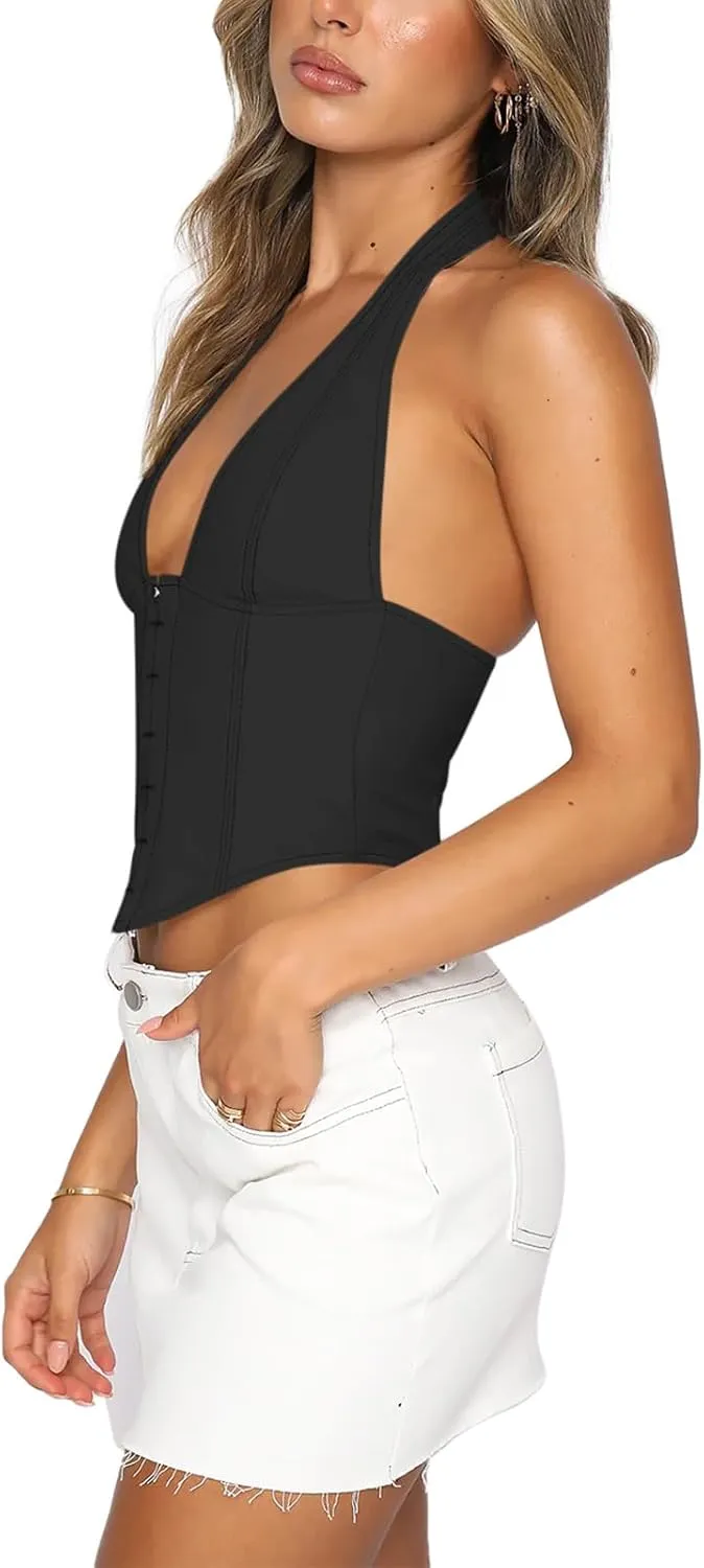 REORIA Women's Summer Sexy Halter V Neck Sleeveless Backless Trendy Y2k Going Out Corset Tank Crop Tops