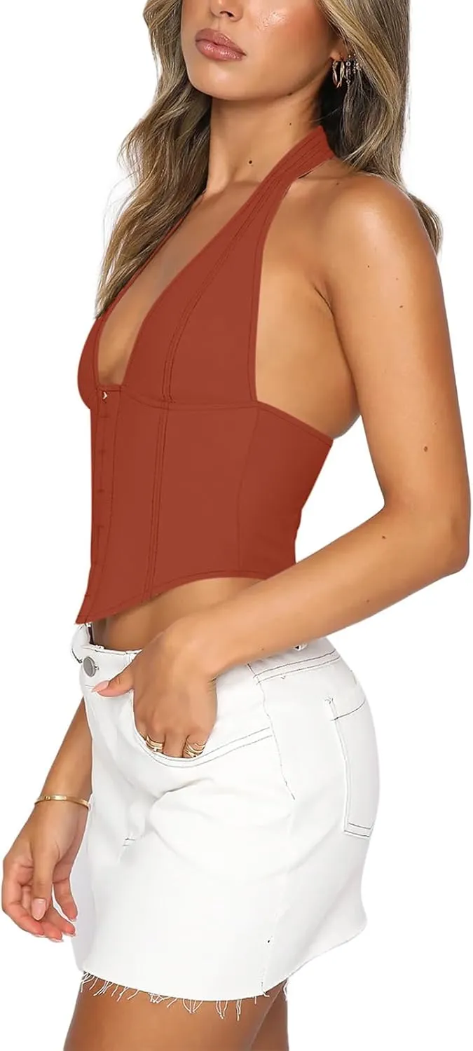 REORIA Women's Summer Sexy Halter V Neck Sleeveless Backless Trendy Y2k Going Out Corset Tank Crop Tops