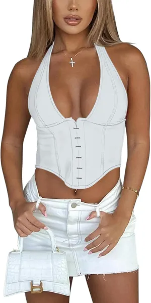 REORIA Women's Summer Sexy Halter V Neck Sleeveless Backless Trendy Y2k Going Out Corset Tank Crop Tops