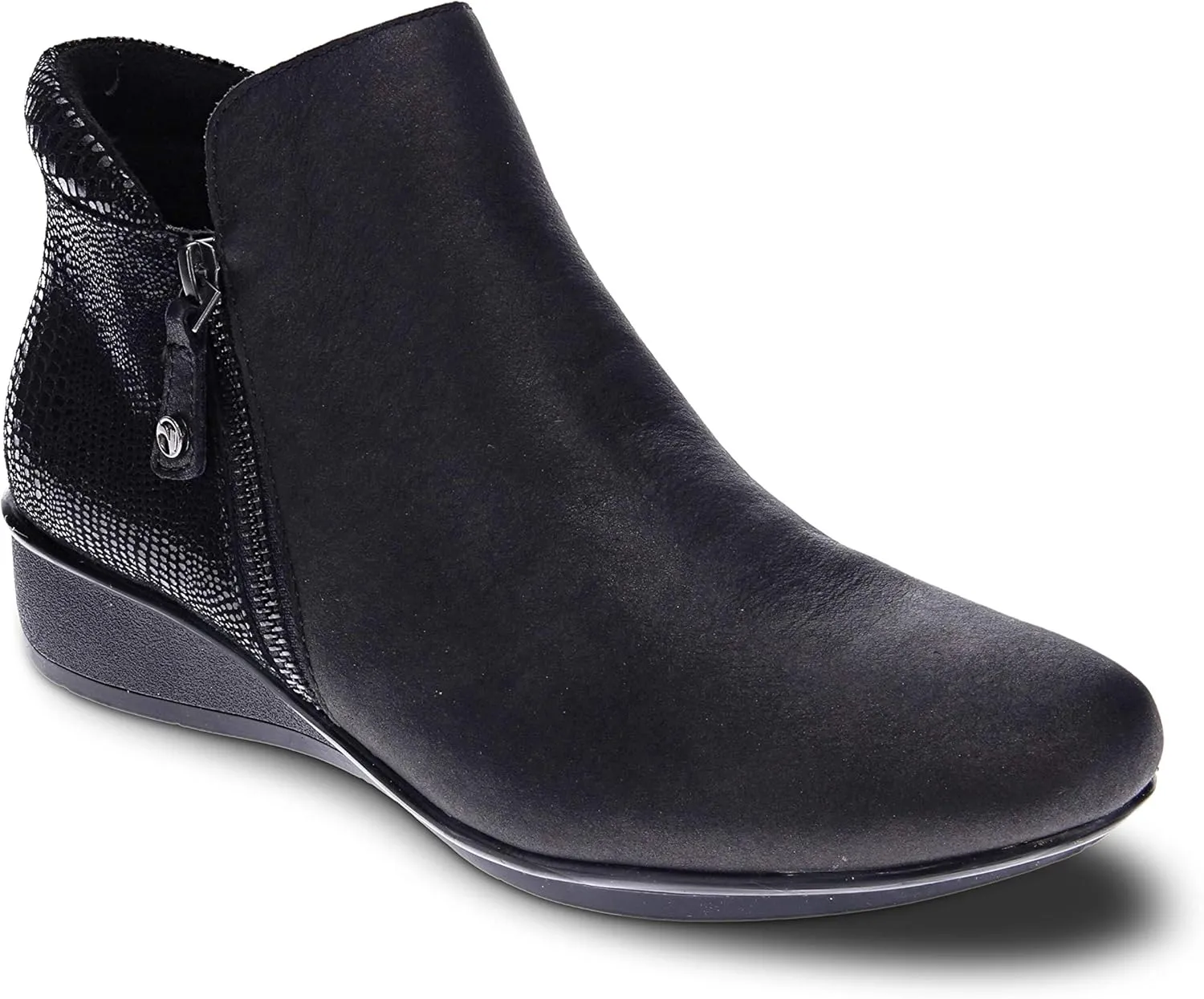Revere Damascus Leather Bootie – Asymmetrical Zip Detail, Demi-Wedge Outsole, Slip-Resistant, Removable Comfort Footbed, Forefoot Cushion Zone with Arch Support