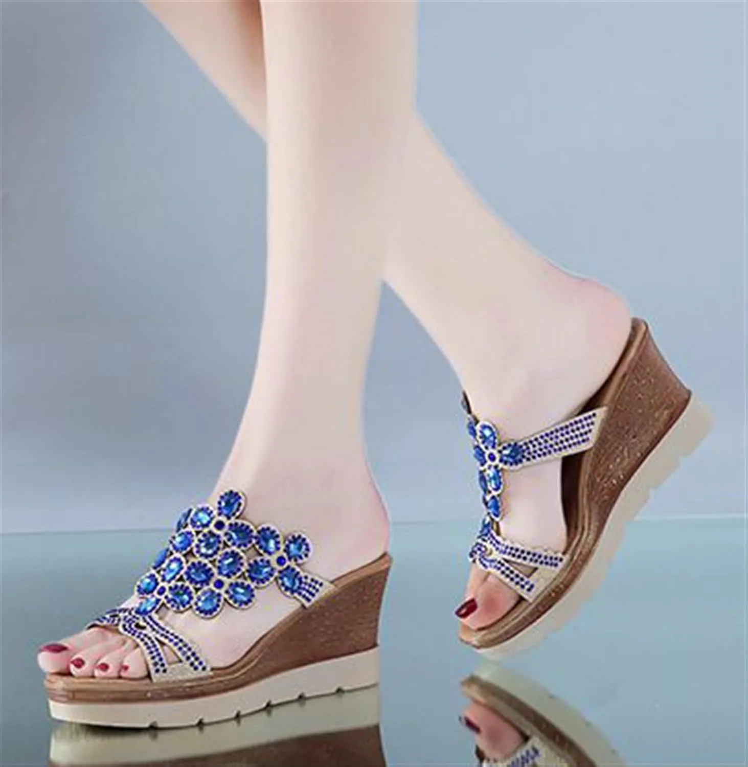 Rhinestone Peacock Patterned Handmade Sandals for Women's Crystal Platform Wedge Dress Slippers Fashion Open Toe Slip on Party Beach Shoe