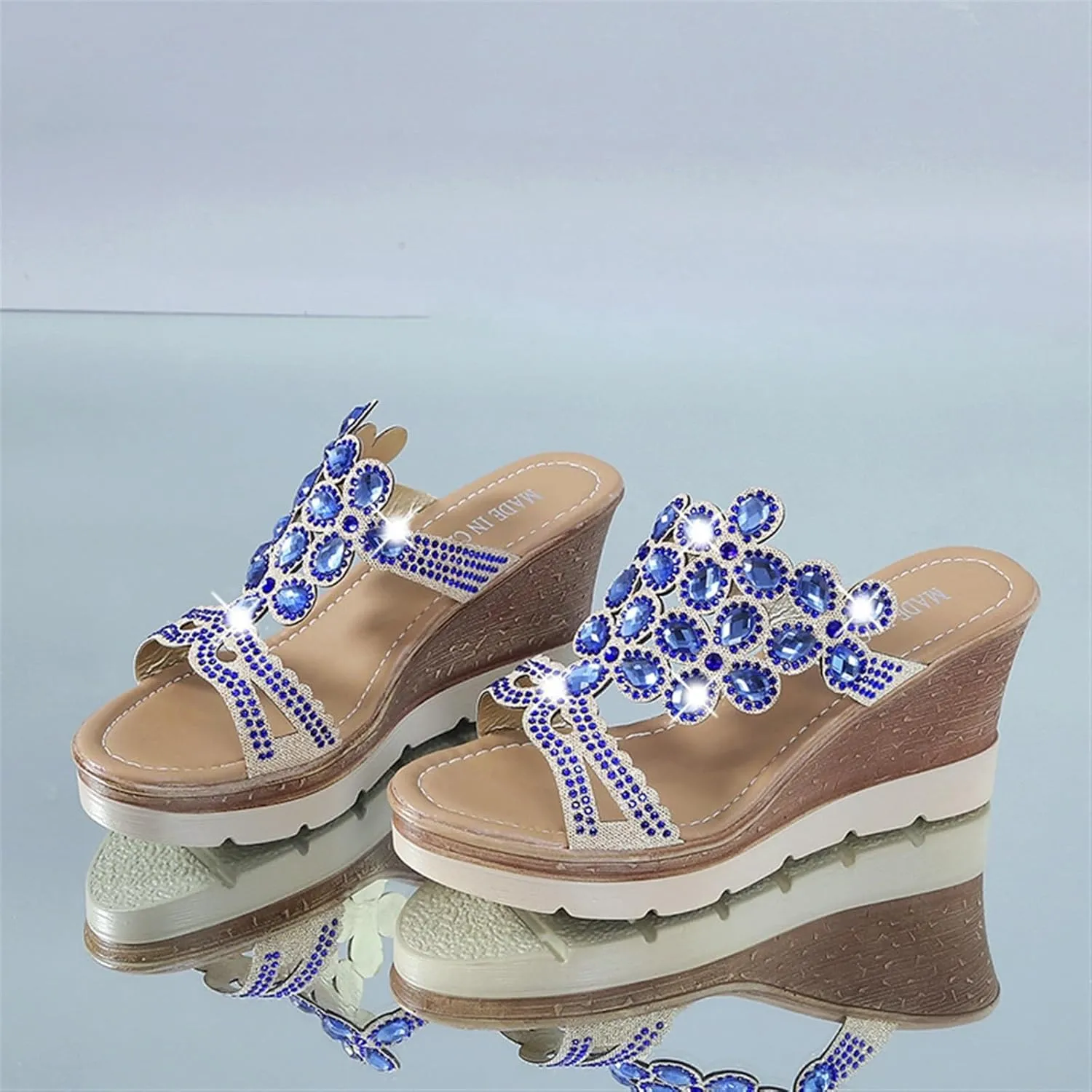 Rhinestone Peacock Patterned Handmade Sandals for Women's Crystal Platform Wedge Dress Slippers Fashion Open Toe Slip on Party Beach Shoe