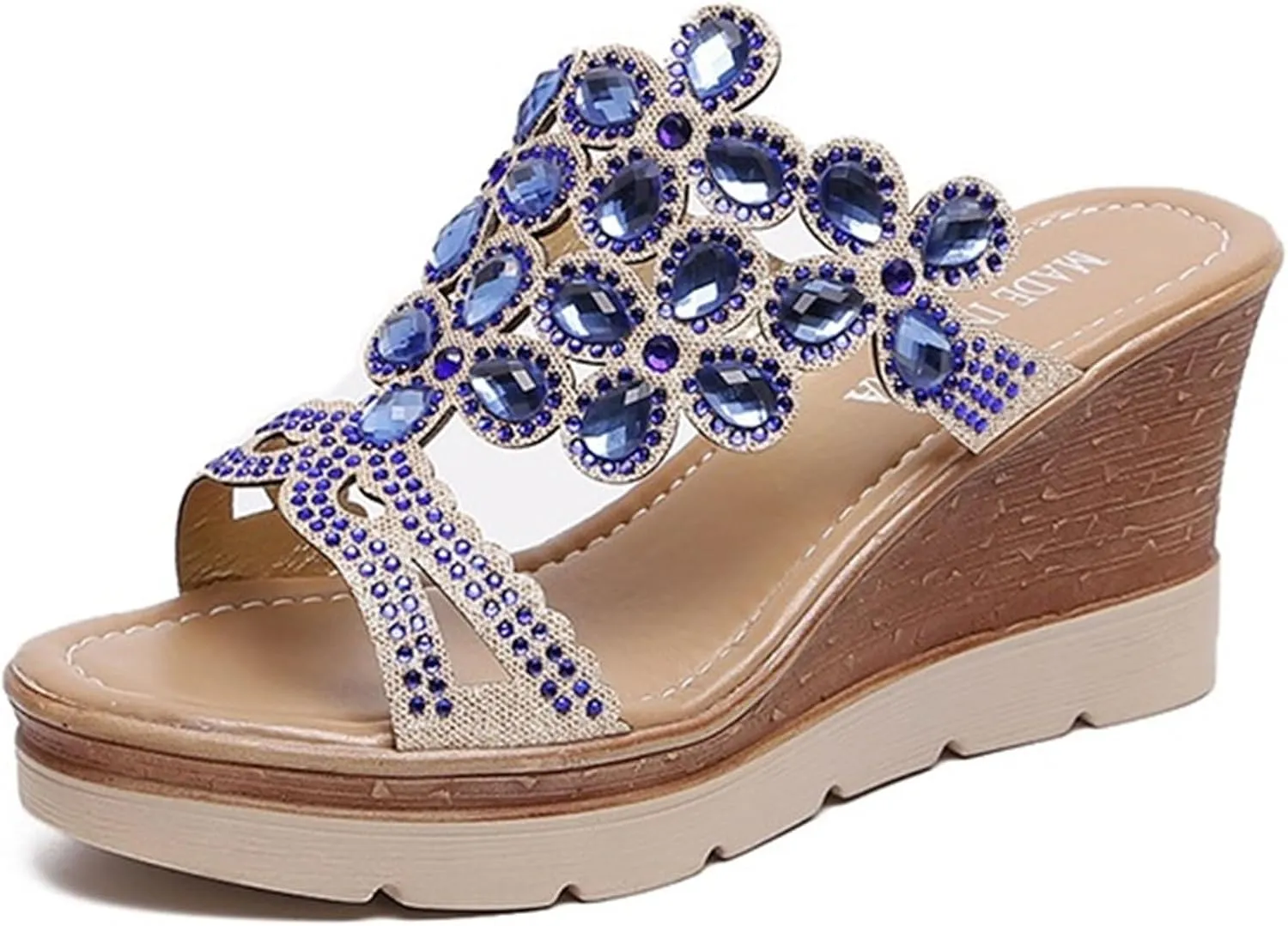 Rhinestone Peacock Patterned Handmade Sandals for Women's Crystal Platform Wedge Dress Slippers Fashion Open Toe Slip on Party Beach Shoe