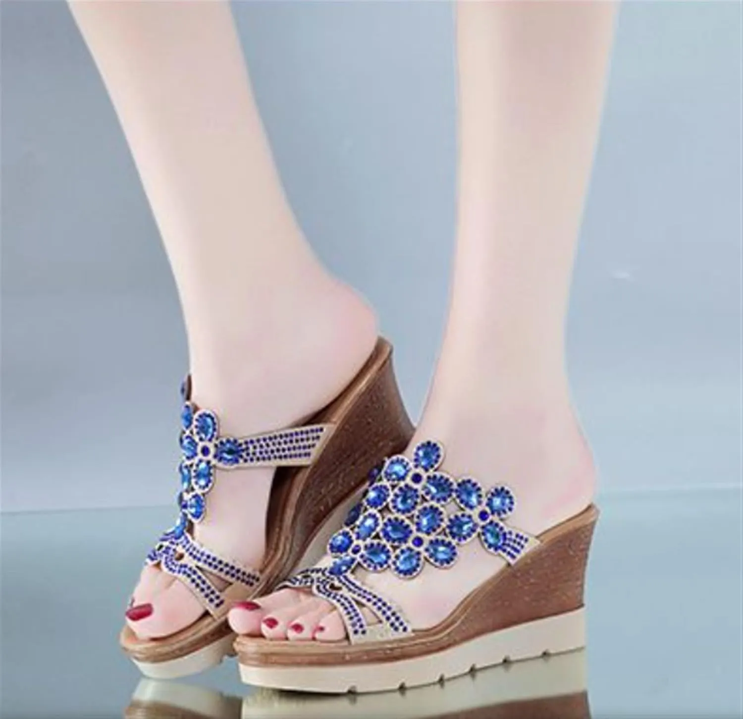 Rhinestone Peacock Patterned Handmade Sandals for Women's Crystal Platform Wedge Dress Slippers Fashion Open Toe Slip on Party Beach Shoe