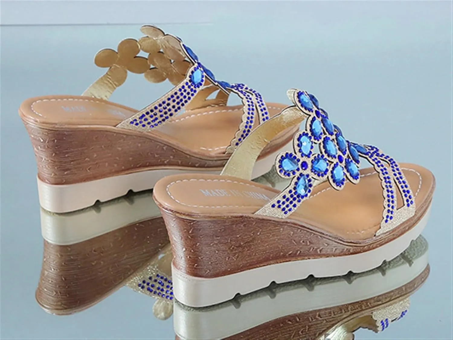 Rhinestone Peacock Patterned Handmade Sandals for Women's Crystal Platform Wedge Dress Slippers Fashion Open Toe Slip on Party Beach Shoe