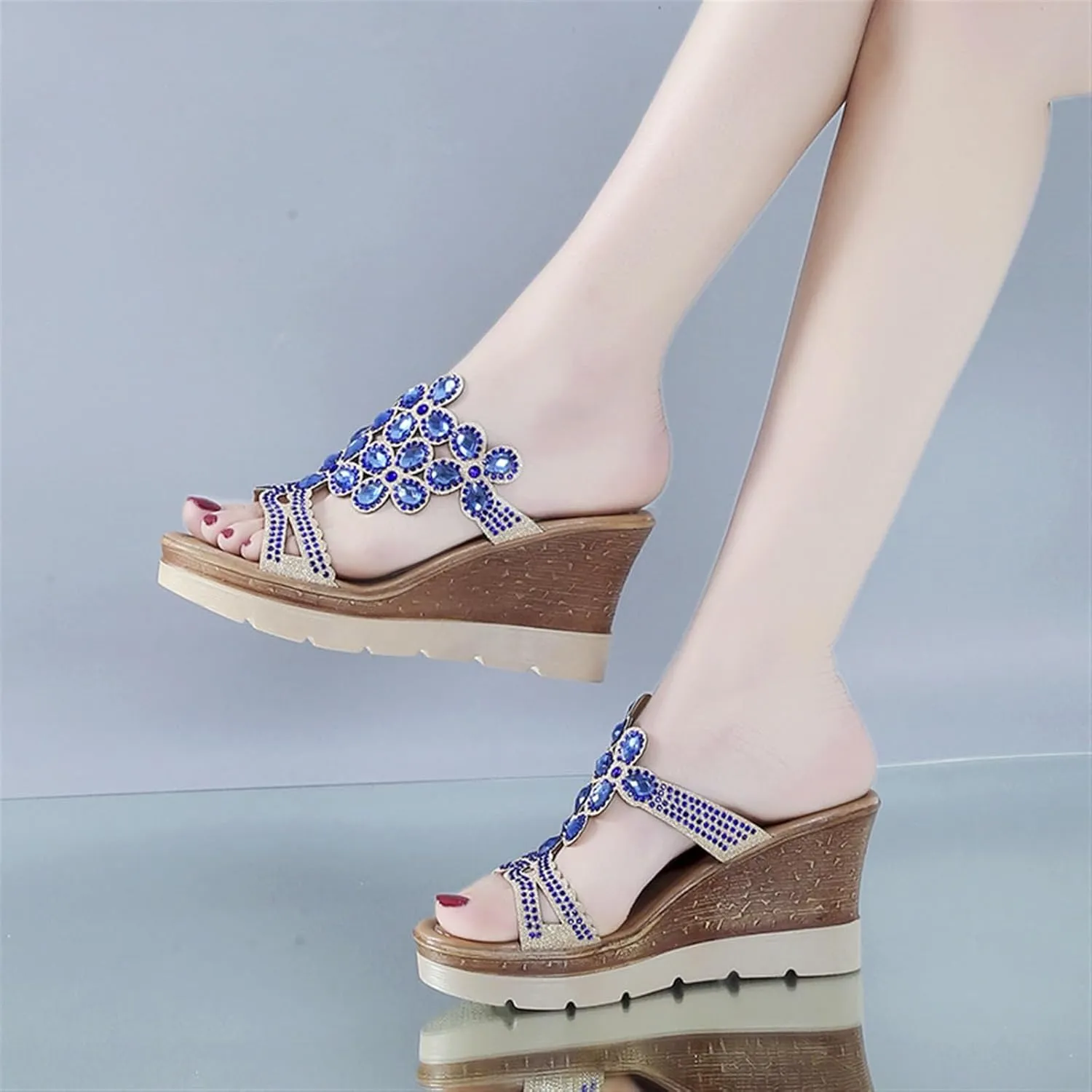 Rhinestone Peacock Patterned Handmade Sandals for Women's Crystal Platform Wedge Dress Slippers Fashion Open Toe Slip on Party Beach Shoe
