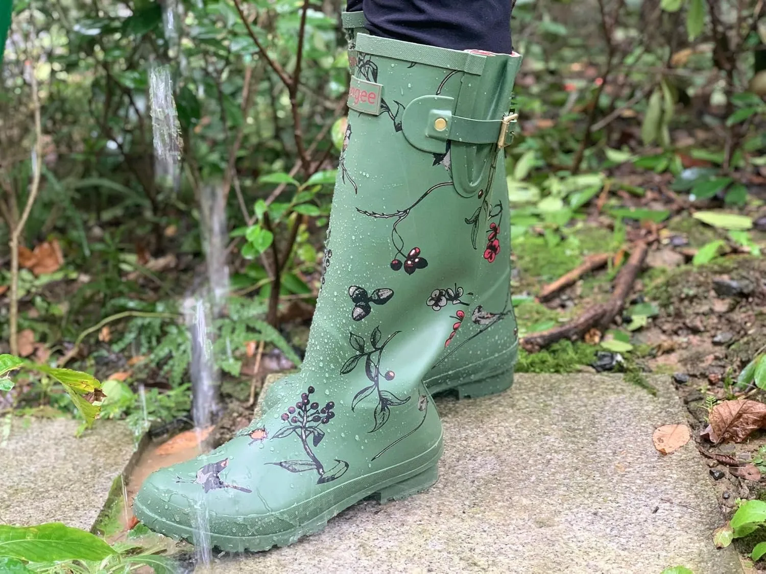 Rongee Rain Boots for Women Waterproof Floral Printed with Adjustable Buckle