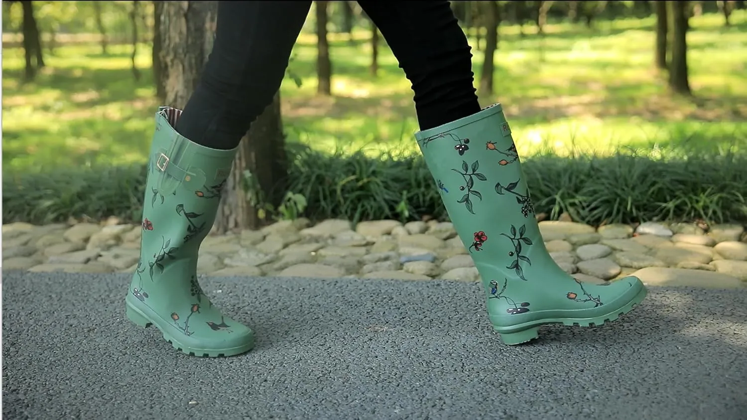 Rongee Rain Boots for Women Waterproof Floral Printed with Adjustable Buckle