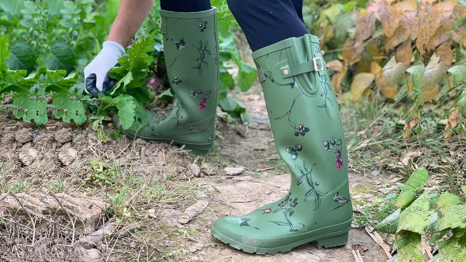 Rongee Rain Boots for Women Waterproof Floral Printed with Adjustable Buckle