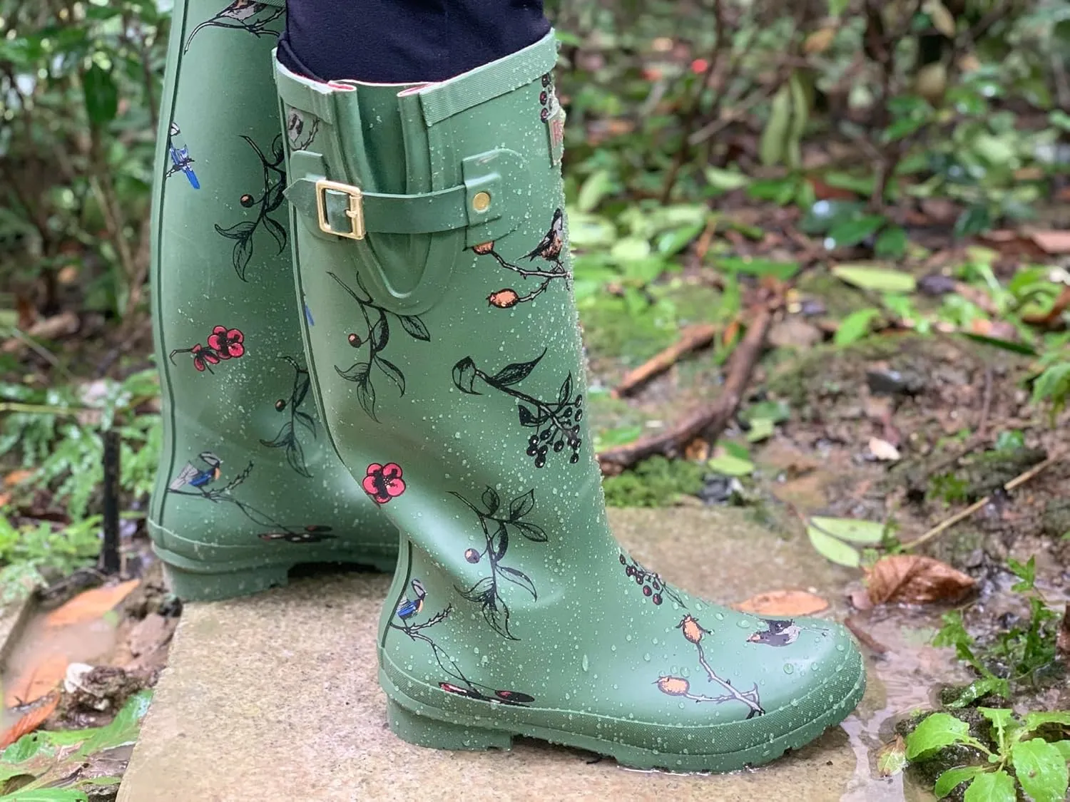 Rongee Rain Boots for Women Waterproof Floral Printed with Adjustable Buckle