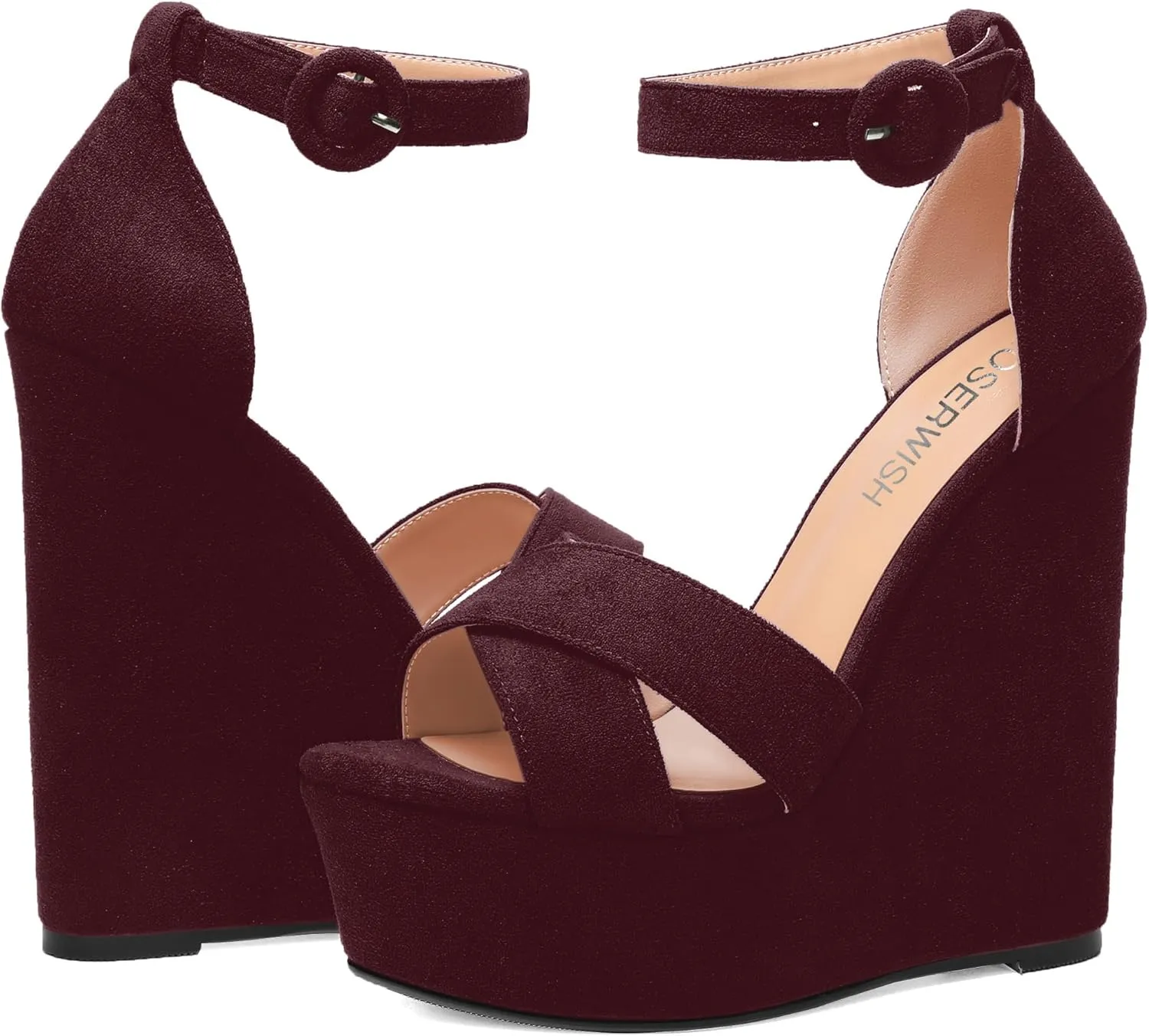 ROSERWISH Womens Open Toe Fashion Party Platform Ankle Strap Wedding Suede Sexy Wedge High Heel Heeled Sandals 6 Inch