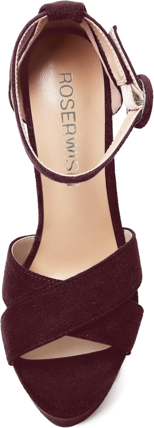 ROSERWISH Womens Open Toe Fashion Party Platform Ankle Strap Wedding Suede Sexy Wedge High Heel Heeled Sandals 6 Inch