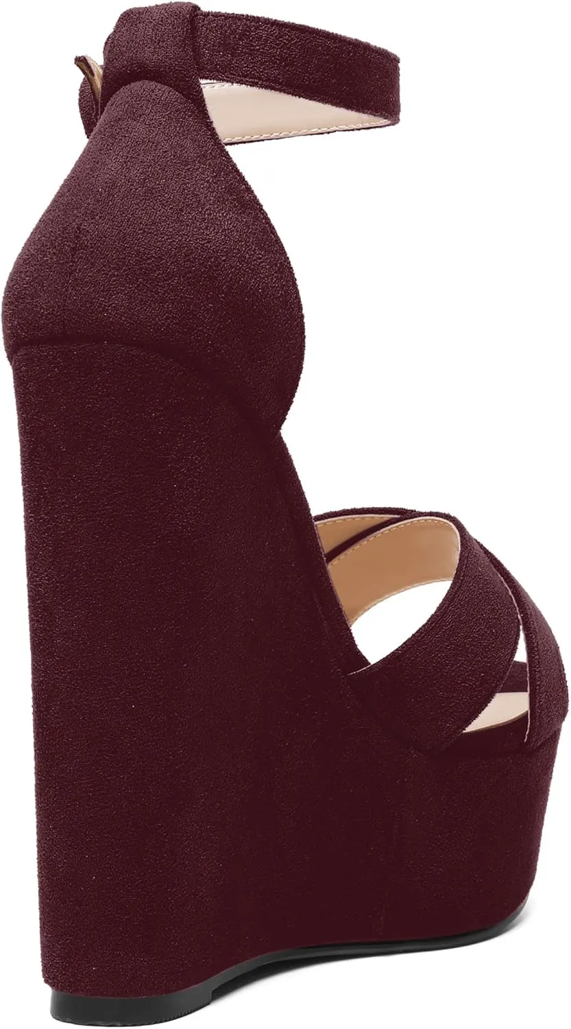 ROSERWISH Womens Open Toe Fashion Party Platform Ankle Strap Wedding Suede Sexy Wedge High Heel Heeled Sandals 6 Inch
