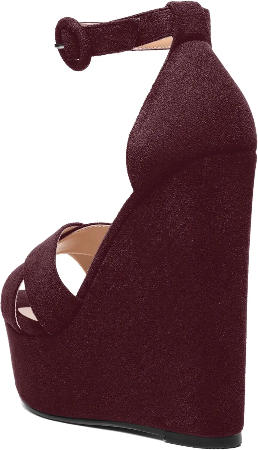 ROSERWISH Womens Open Toe Fashion Party Platform Ankle Strap Wedding Suede Sexy Wedge High Heel Heeled Sandals 6 Inch