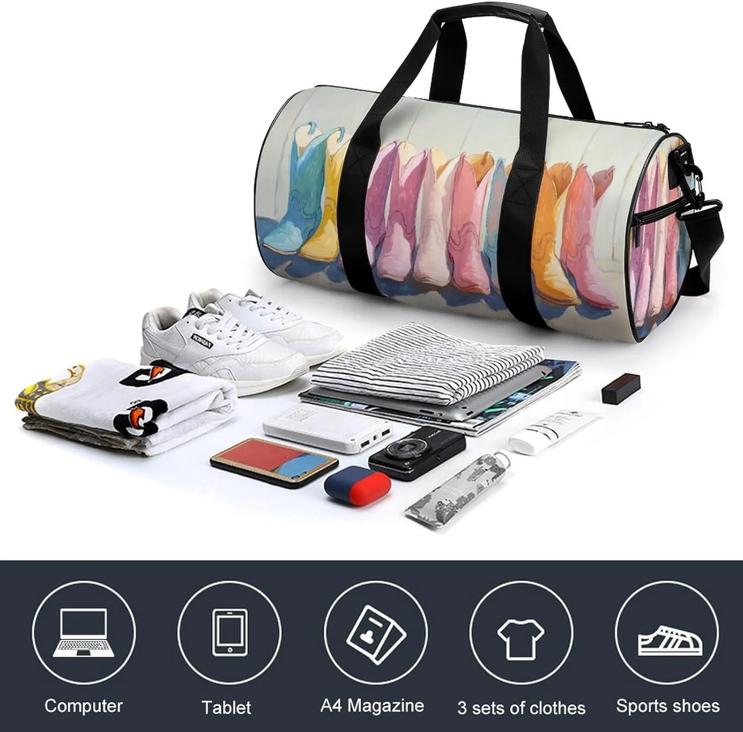 Rows of Cowgirl Boots Travel Gym Bag for Women Men Cylindrical Duffle Bag Sport Workout Bag with Shoulder Strap
