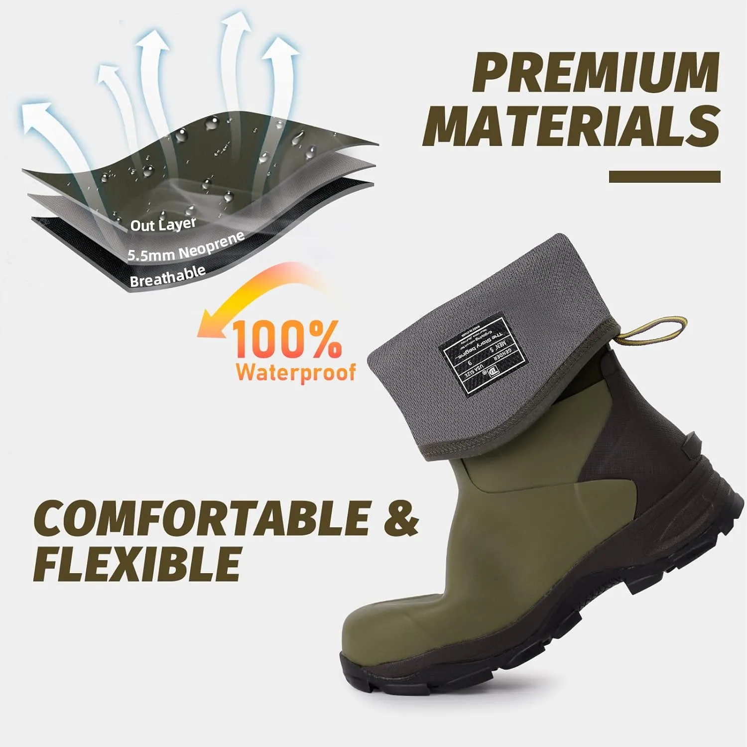 Rubber Boots for Men with Steel Shank, Mid Calf Work Rain Boots, Men's Outdoor Waterproof Anti-Slip Hunting Boot, Size 6-13