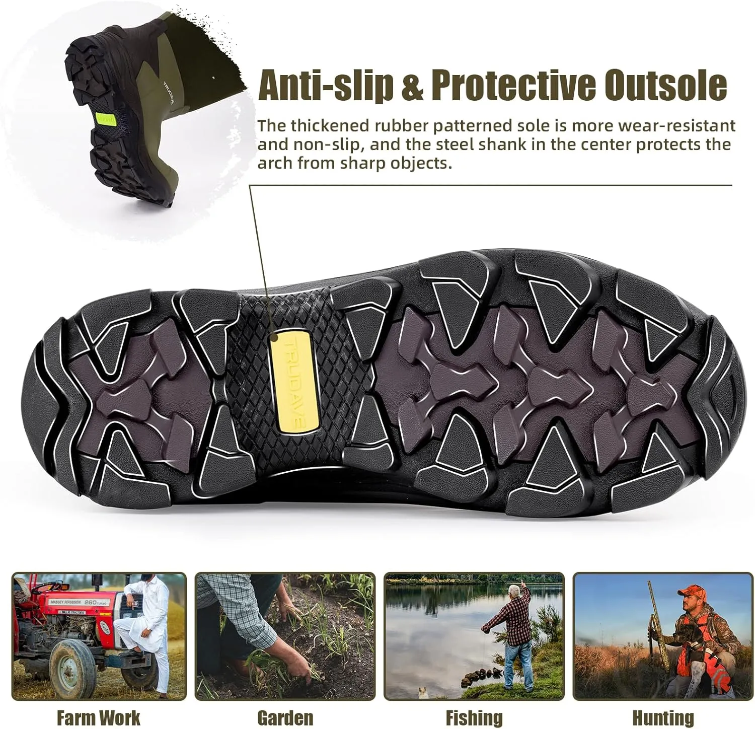 Rubber Boots for Men with Steel Shank, Mid Calf Work Rain Boots, Men's Outdoor Waterproof Anti-Slip Hunting Boot, Size 6-13