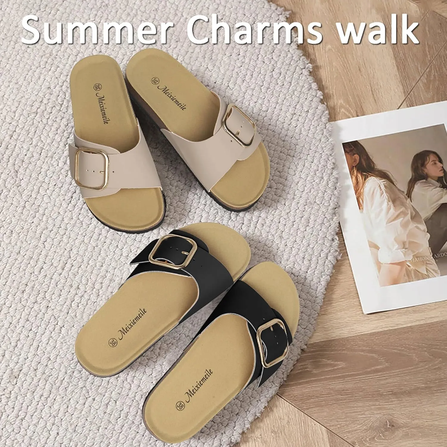Sandals for Women Memory Foam Insole Womens Sandals Comfortable Genuine Leather Sandals Classic Cork Antislip Slippers