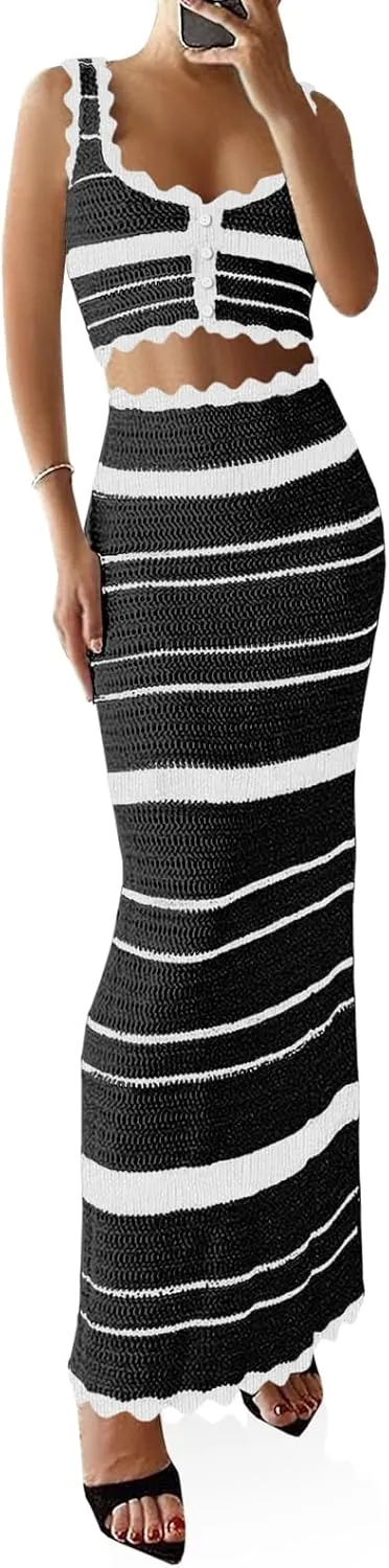 Saodimallsu Womens 2 Piece Sets Summer Striped Crochet Knit Coverup Sleeveless Button Crop Tank Top Bodycon Maxi Skirt