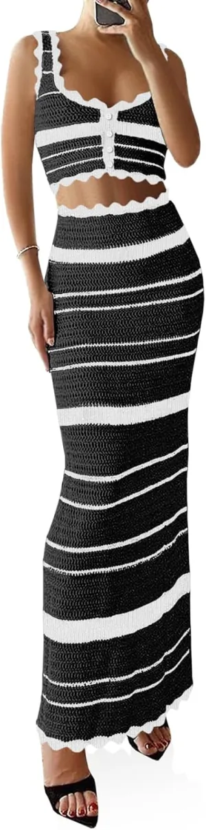 Saodimallsu Womens 2 Piece Sets Summer Striped Crochet Knit Coverup Sleeveless Button Crop Tank Top Bodycon Maxi Skirt