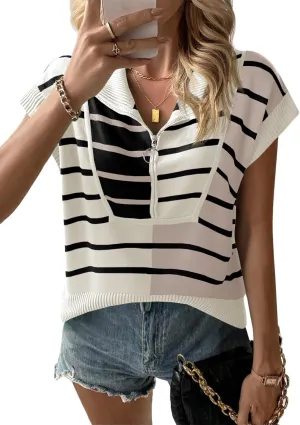 Saodimallsu Womens Sweaters Summer Short Sleeve Shirts 2025 Zip Up Color Block Knit Striped Cropped Tops