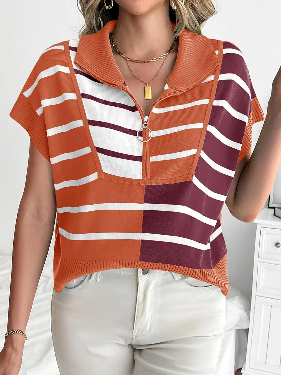 Saodimallsu Womens Sweaters Summer Short Sleeve Shirts 2025 Zip Up Color Block Knit Striped Cropped Tops