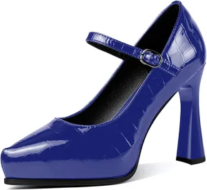 sarawill Women's Pointed Toe Mary Jane High Block Heels Fashion Crocodile Platform Pumps Evening Office Dressy High Heel Shoes for Ladies