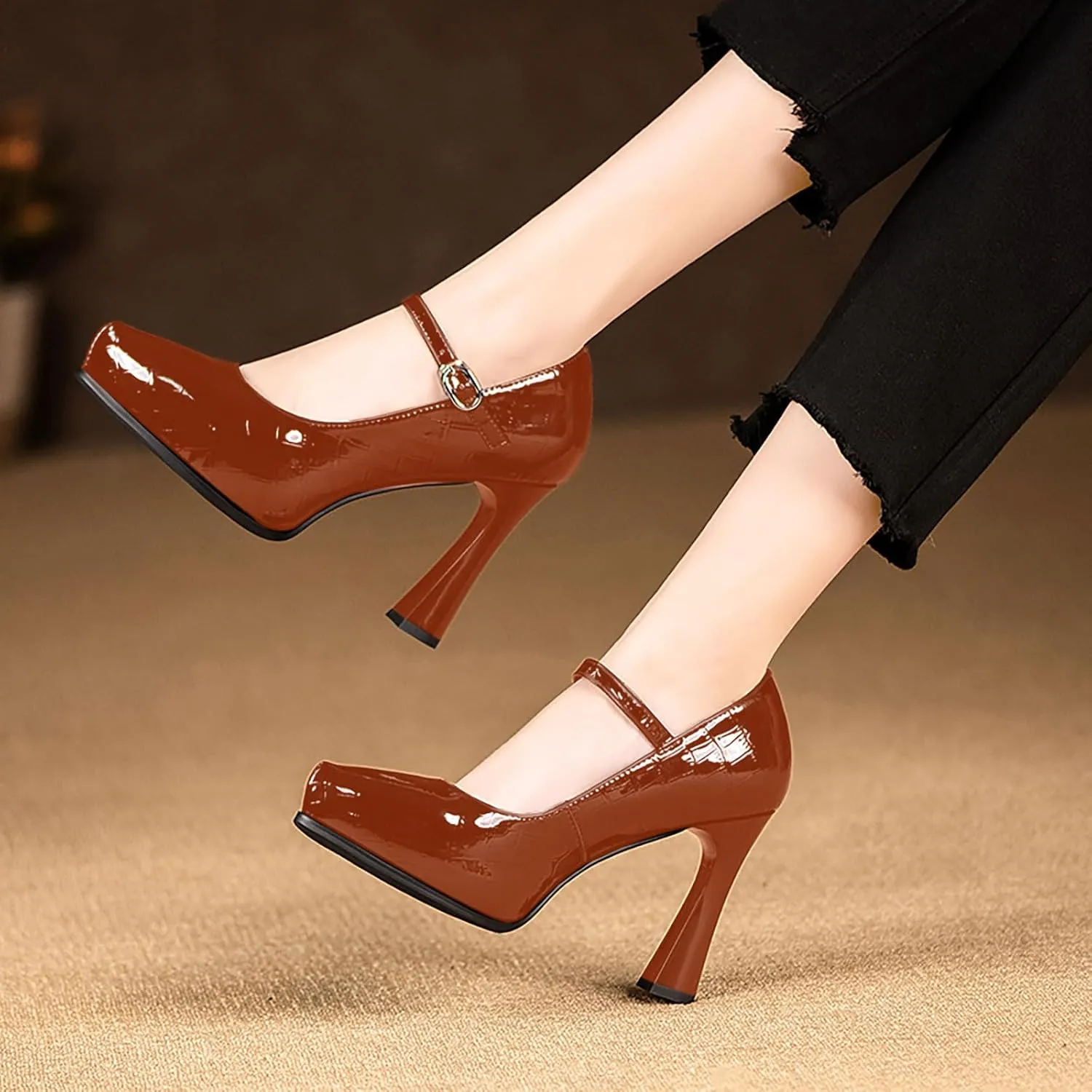 sarawill Women's Pointed Toe Mary Jane High Block Heels Fashion Crocodile Platform Pumps Evening Office Dressy High Heel Shoes for Ladies