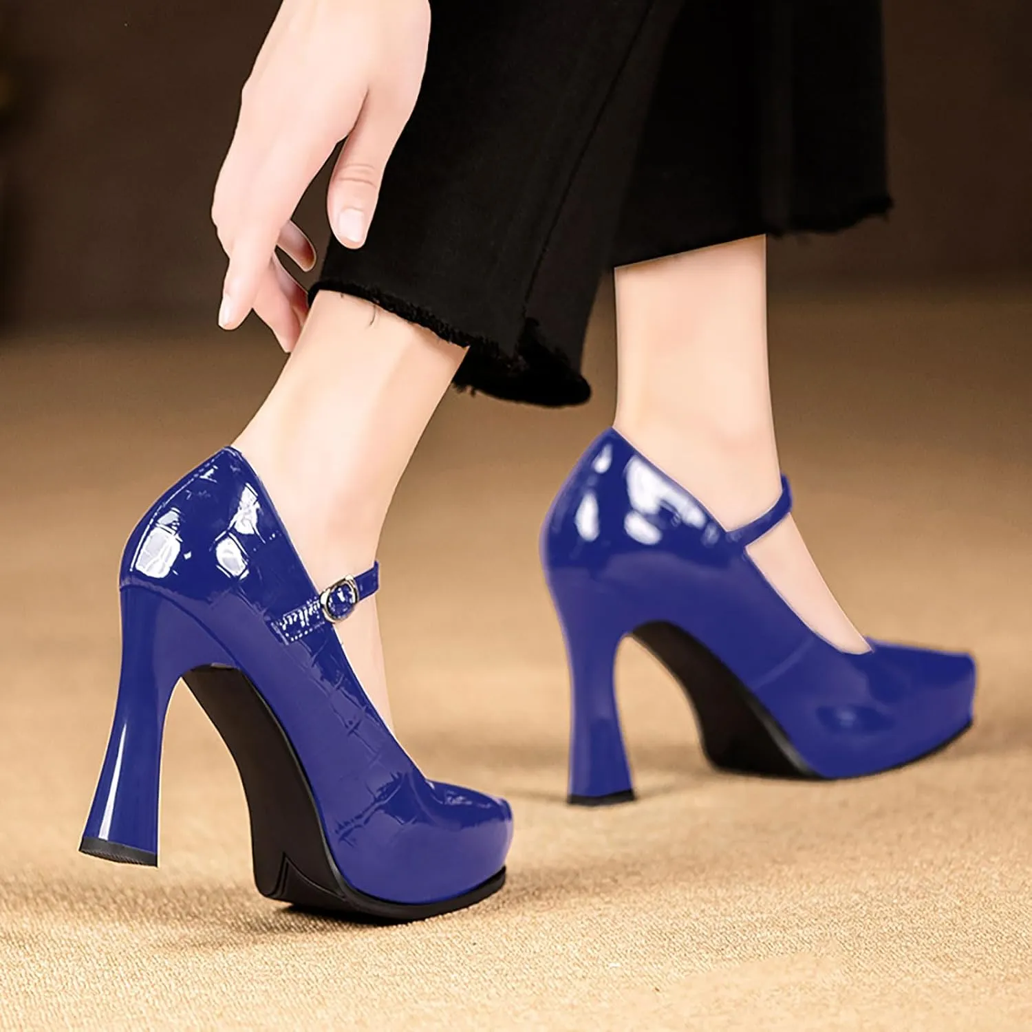 sarawill Women's Pointed Toe Mary Jane High Block Heels Fashion Crocodile Platform Pumps Evening Office Dressy High Heel Shoes for Ladies