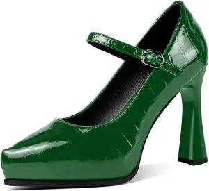 sarawill Women's Pointed Toe Mary Jane High Block Heels Fashion Crocodile Platform Pumps Evening Office Dressy High Heel Shoes for Ladies